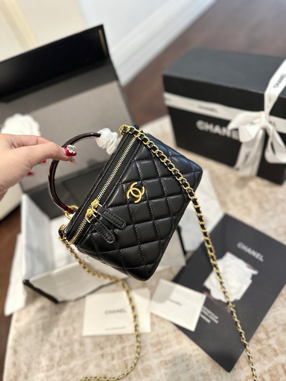 Chanel Quilted Black Leather Mini Top Handle Crossbody